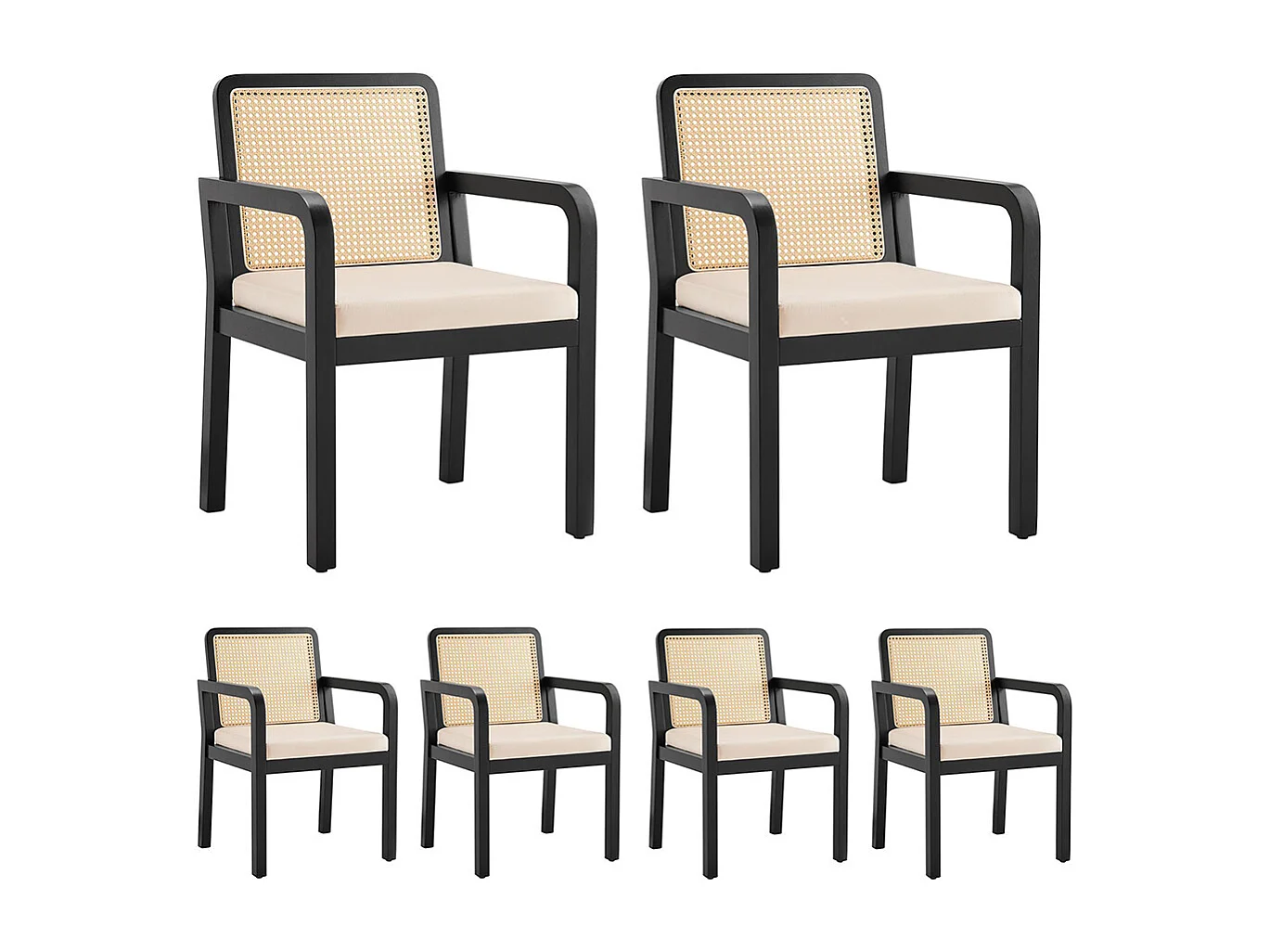 Chaises de salle à manger (6 pièces), revêtement en velours, design ergonomique, dossier en rotin tressé, pieds en bois d'hévéa, noir