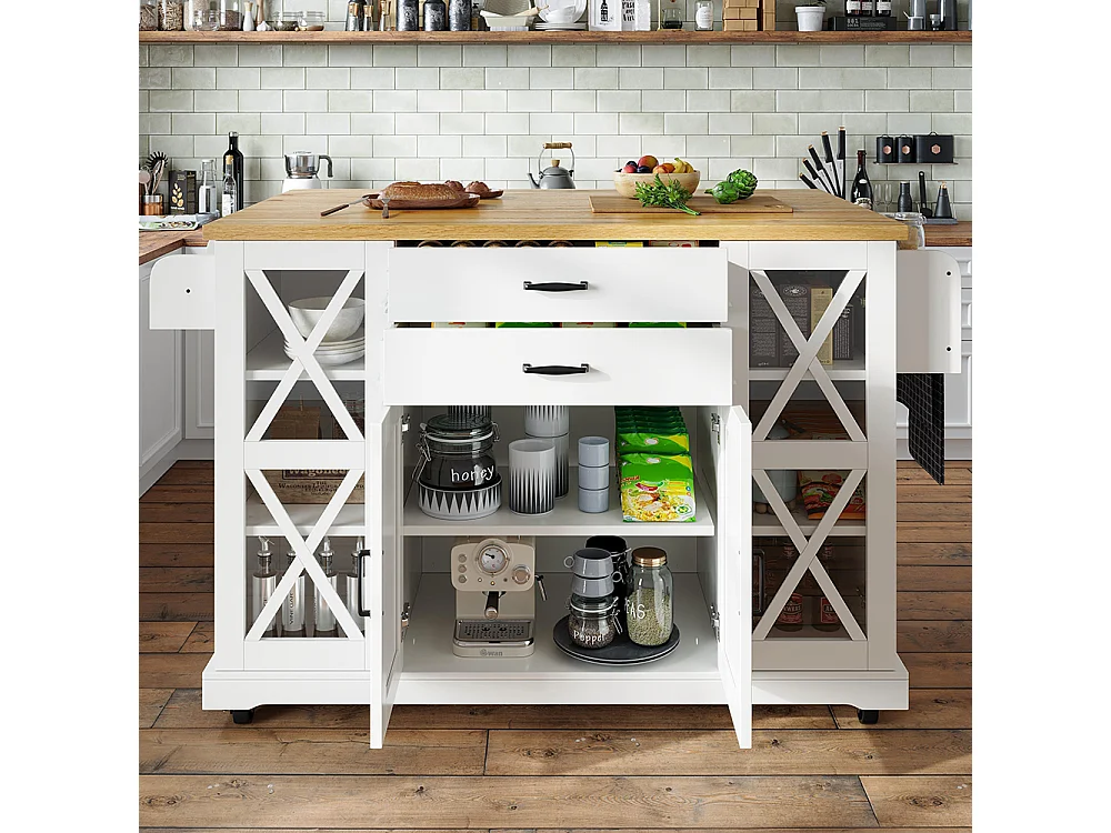 Chariot de cuisine, mobile, sur roulettes, quatre portes (dont deux portes vitrées), étagères réglables, deux tiroirs, blanc