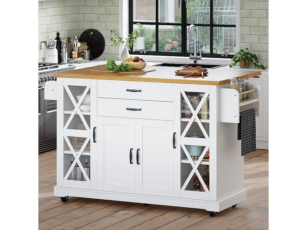 Chariot de cuisine, mobile, sur roulettes, quatre portes (dont deux portes vitrées), étagères réglables, deux tiroirs, blanc