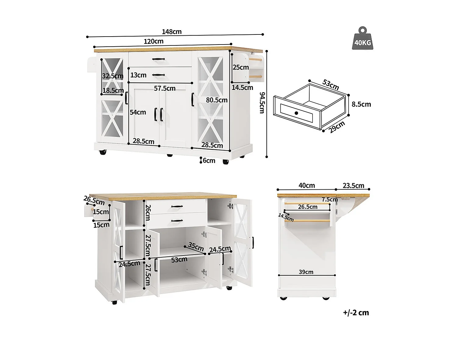 Chariot de cuisine, mobile, sur roulettes, quatre portes (dont deux portes vitrées), étagères réglables, deux tiroirs, blanc