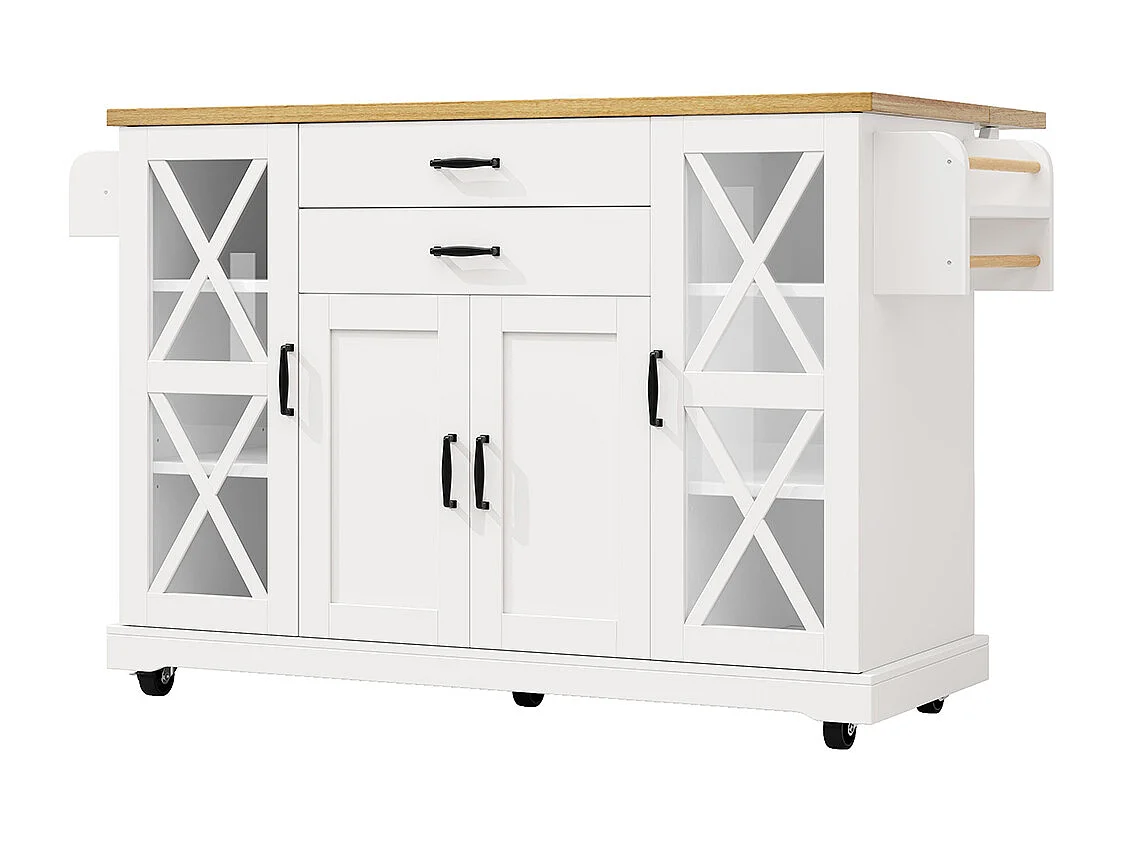 Chariot de cuisine, mobile, sur roulettes, quatre portes (dont deux portes vitrées), étagères réglables, deux tiroirs, blanc