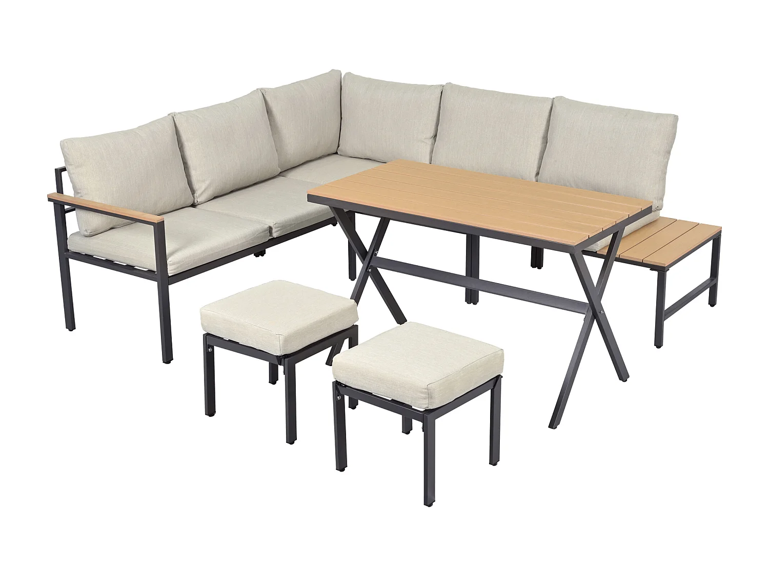 Tuintafel en stoelen, 4 stuks, 2 krukken, eettafel, houten blad, gegalvaniseerd staal, grijs