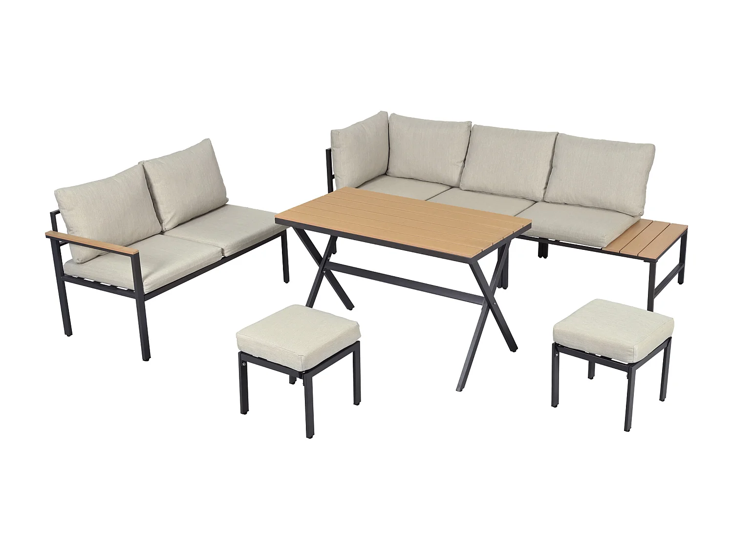 Tuintafel en stoelen, 4 stuks, 2 krukken, eettafel, houten blad, gegalvaniseerd staal, grijs