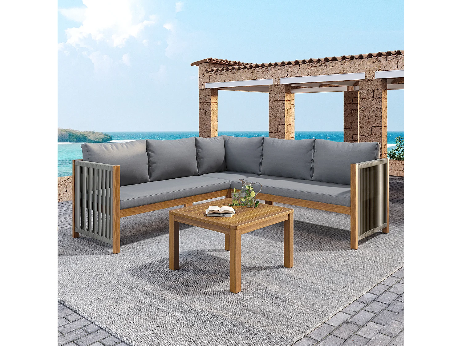 Ensemble de meubles de jardin, canapé d'angle + table basse, plateau en bois d'acacia, corde tressée, gris