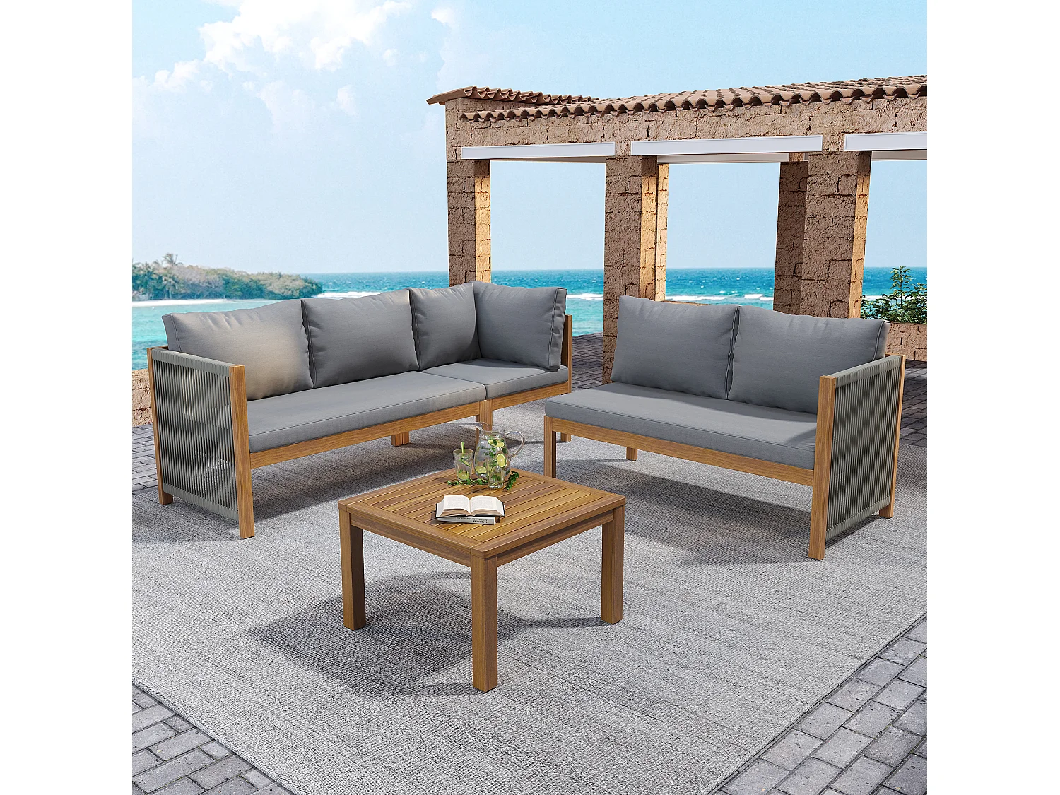 Ensemble de meubles de jardin, canapé d'angle + table basse, plateau en bois d'acacia, corde tressée, gris