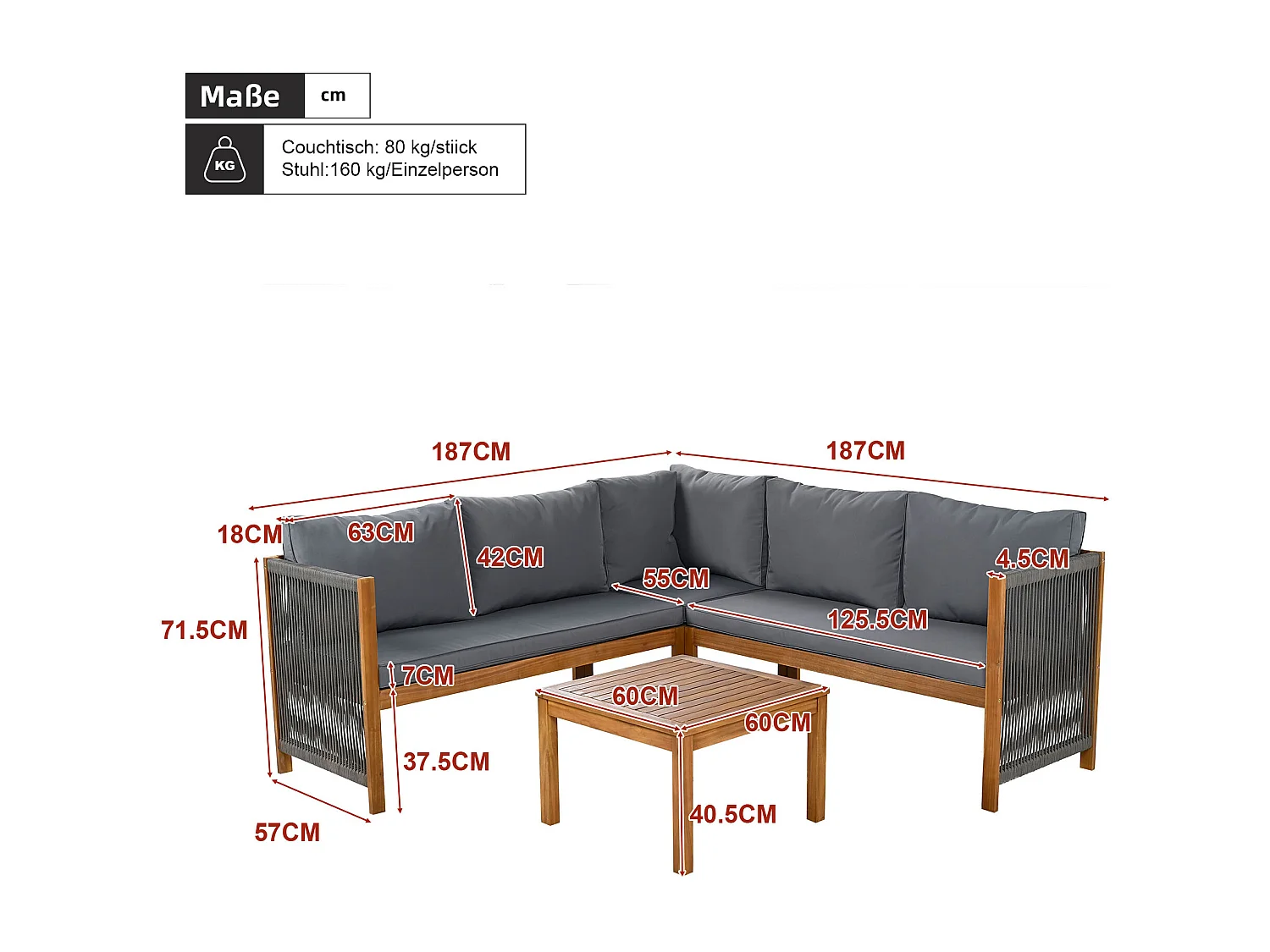 Ensemble de meubles de jardin, canapé d'angle + table basse, plateau en bois d'acacia, corde tressée, gris