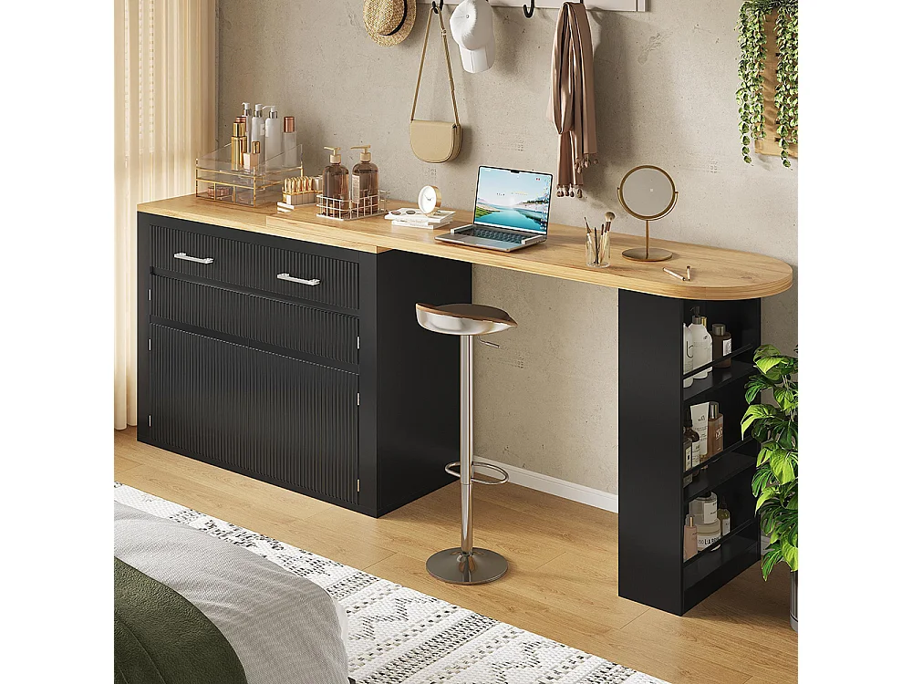 Ausziehbarer Bartisch mit Stauraum, modern, abnehmbar, mit einer Schublade und zwei Regalen, Esstisch für Kücheninsel, schwarz