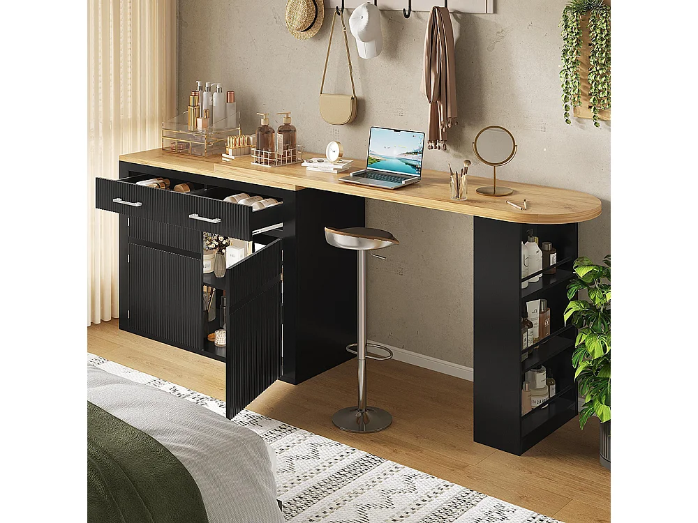 Ausziehbarer Bartisch mit Stauraum, modern, abnehmbar, mit einer Schublade und zwei Regalen, Esstisch für Kücheninsel, schwarz