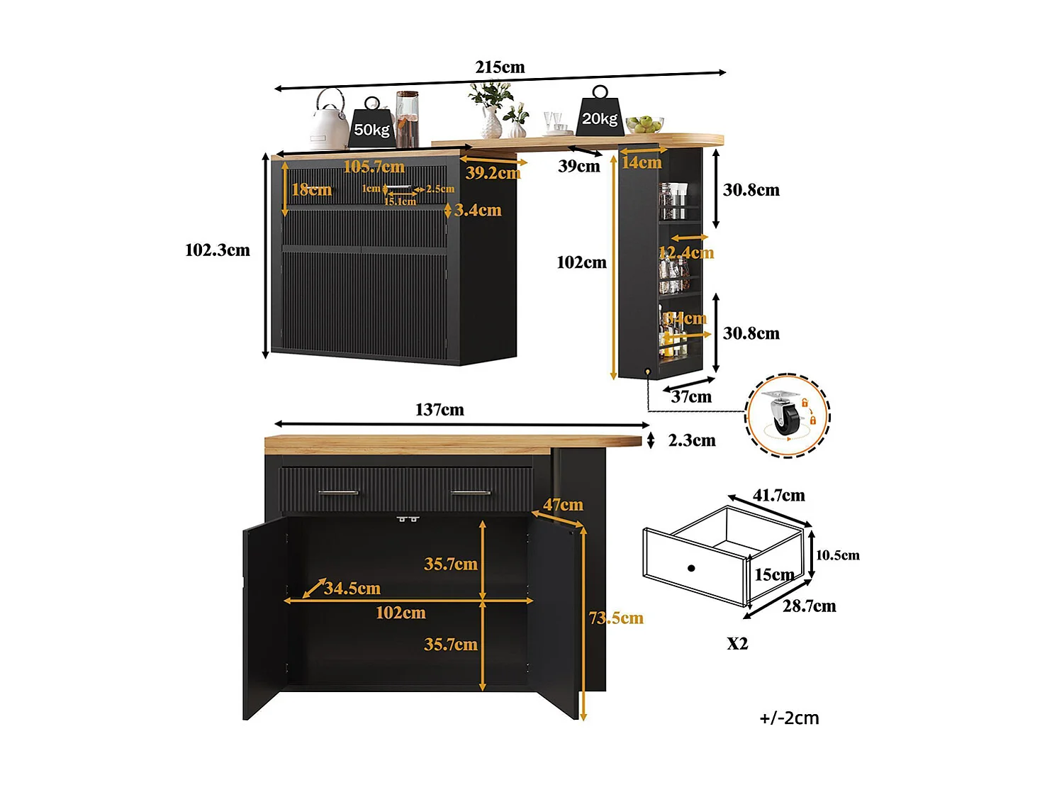 Ausziehbarer Bartisch mit Stauraum, modern, abnehmbar, mit einer Schublade und zwei Regalen, Esstisch für Kücheninsel, schwarz