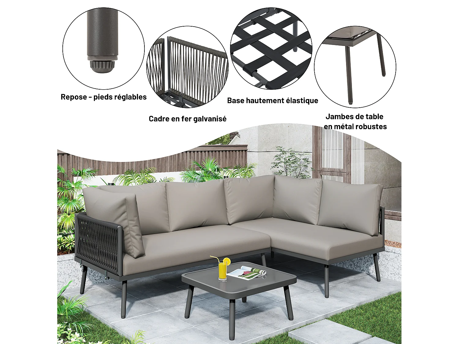 Gartenmöbelgarnitur bestehend aus zwei Tischen und vier Zweisitzersofas mit Kissen, grau