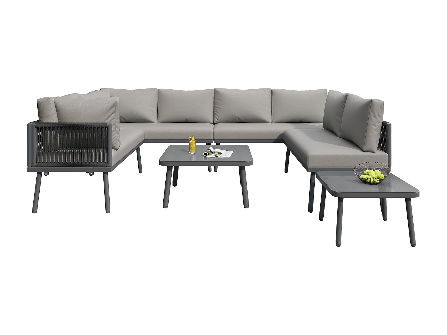 Gartenmöbelgarnitur bestehend aus zwei Tischen und vier Zweisitzersofas mit Kissen, grau