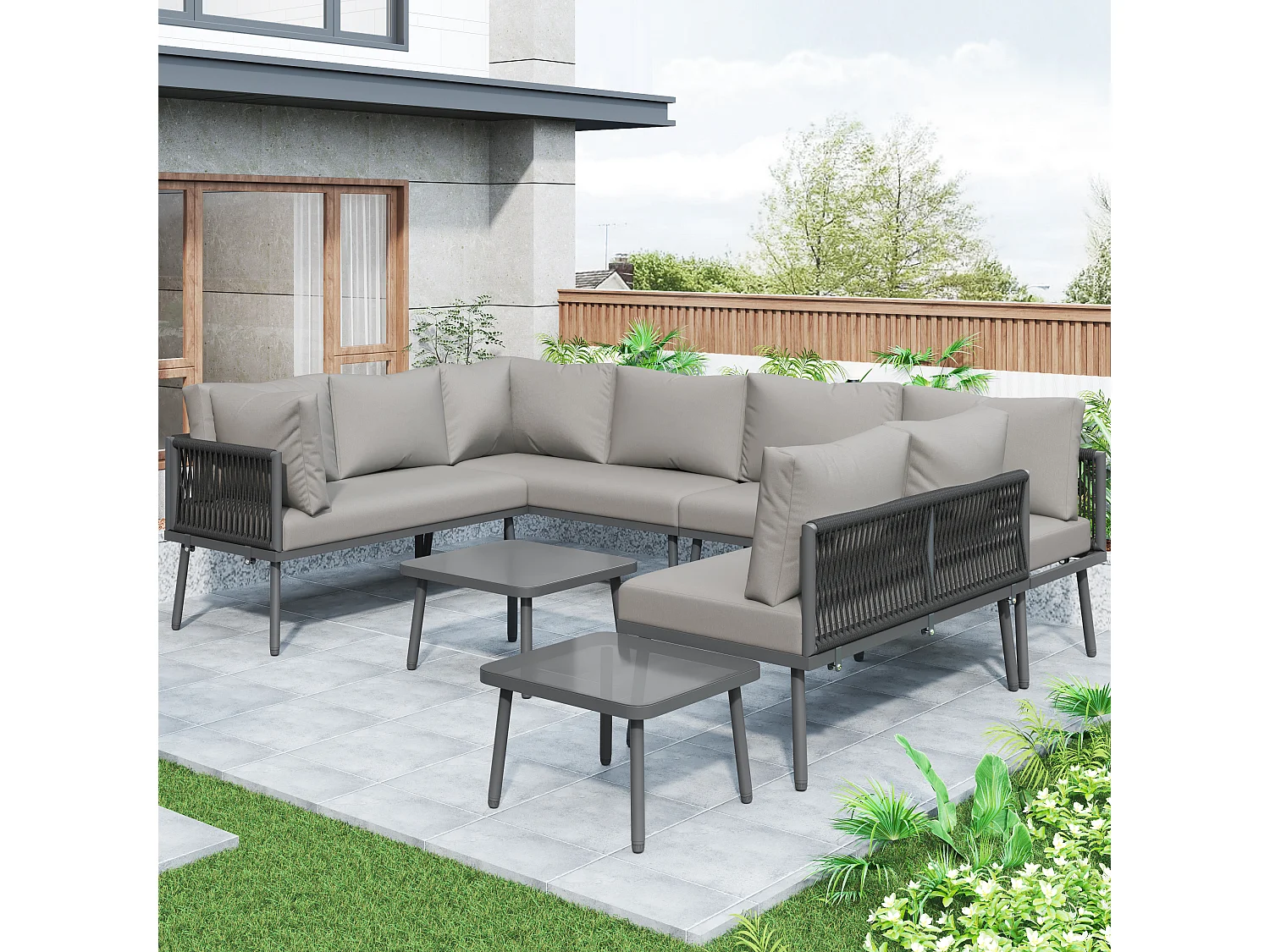 Tuinset bestaande uit twee tafels en vier tweezitsbanken met kussens, grijs