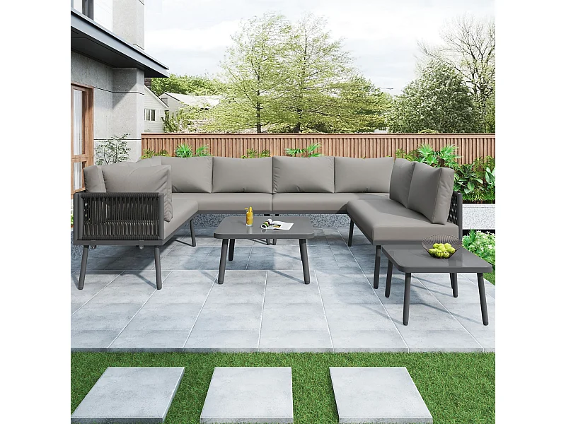 Gartenmöbelgarnitur bestehend aus zwei Tischen und vier Zweisitzersofas mit Kissen, grau