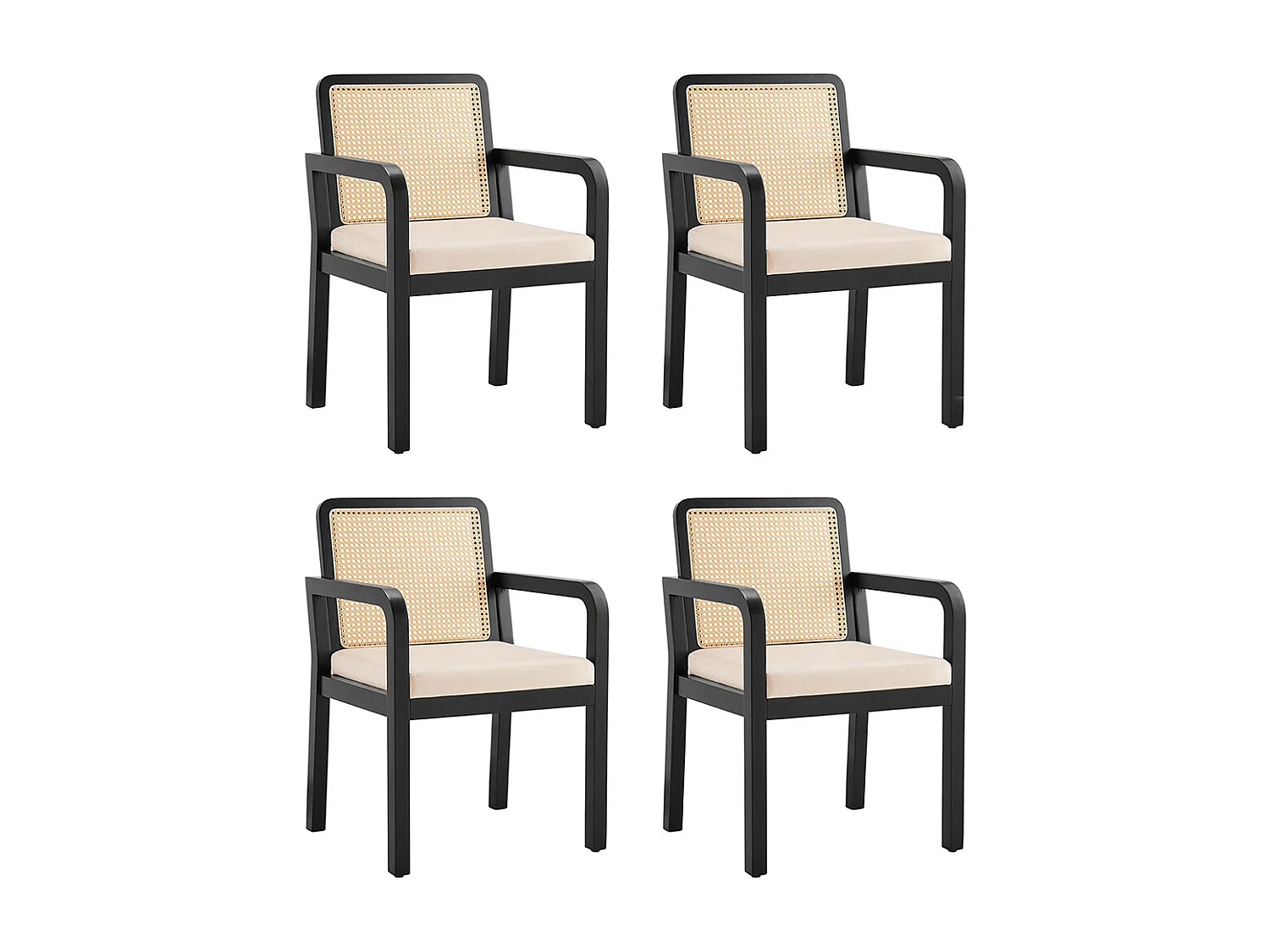 Chaises de salle à manger (4 pièces), revêtement en velours, design ergonomique, dossier en rotin tressé, pieds en bois d'hévéa, noir