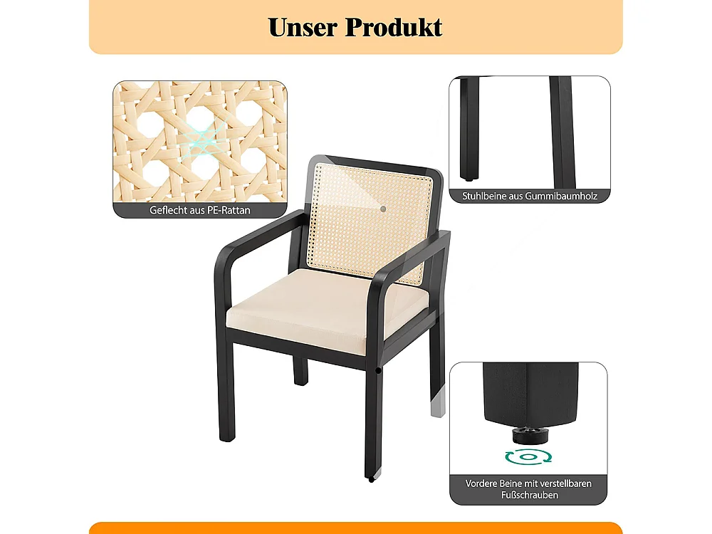 Chaises de salle à manger (4 pièces), revêtement en velours, design ergonomique, dossier en rotin tressé, pieds en bois d'hévéa, noir