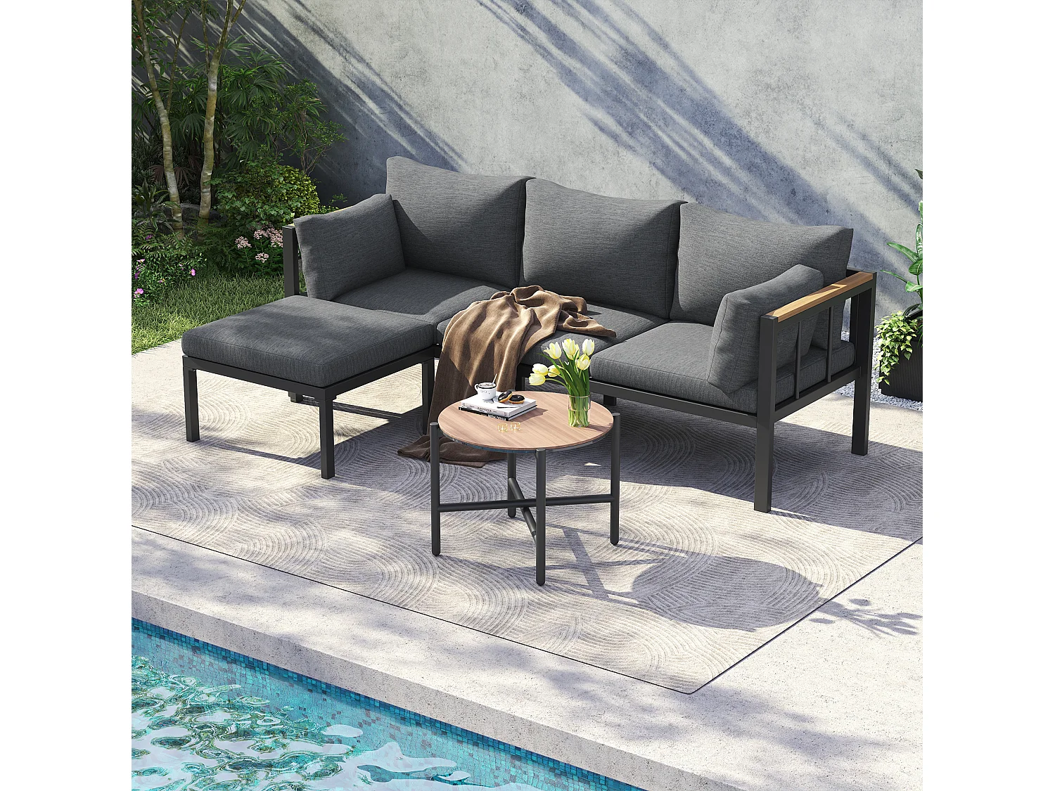 Tuinset, bank + salontafel + poef, gegalvaniseerd stalen frame, glazen tafelblad, grijs