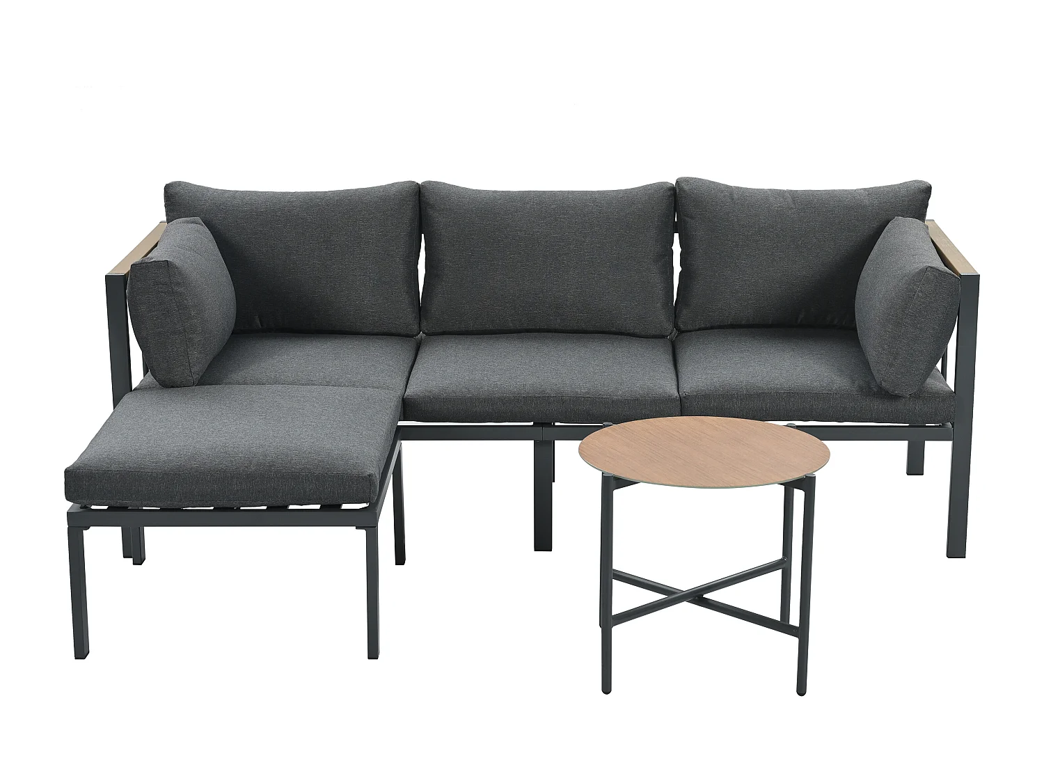 Tuinset, bank + salontafel + poef, gegalvaniseerd stalen frame, glazen tafelblad, grijs