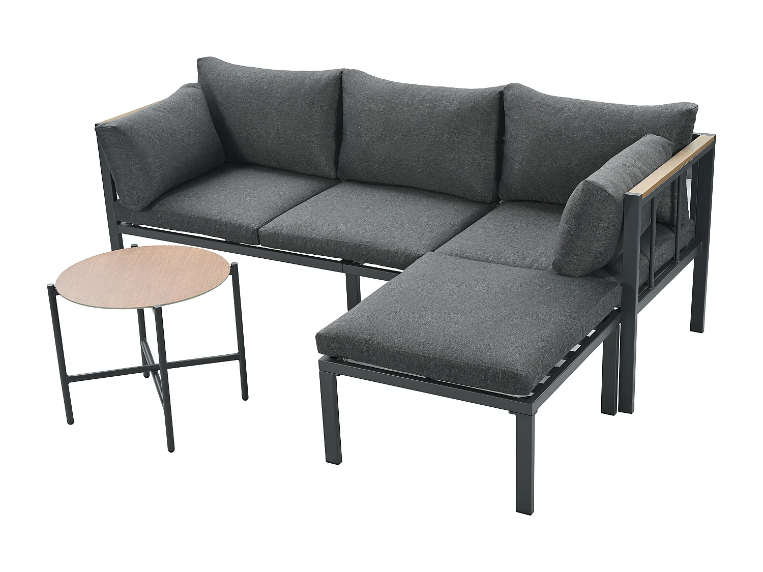 Tuinset, bank + salontafel + poef, gegalvaniseerd stalen frame, glazen tafelblad, grijs