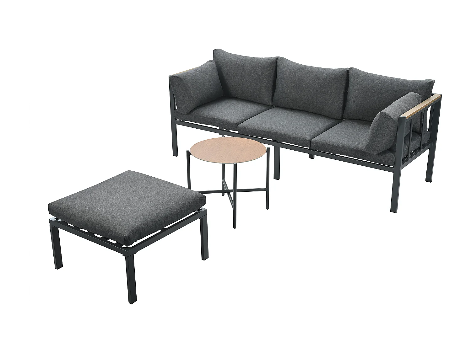 Tuinset, bank + salontafel + poef, gegalvaniseerd stalen frame, glazen tafelblad, grijs