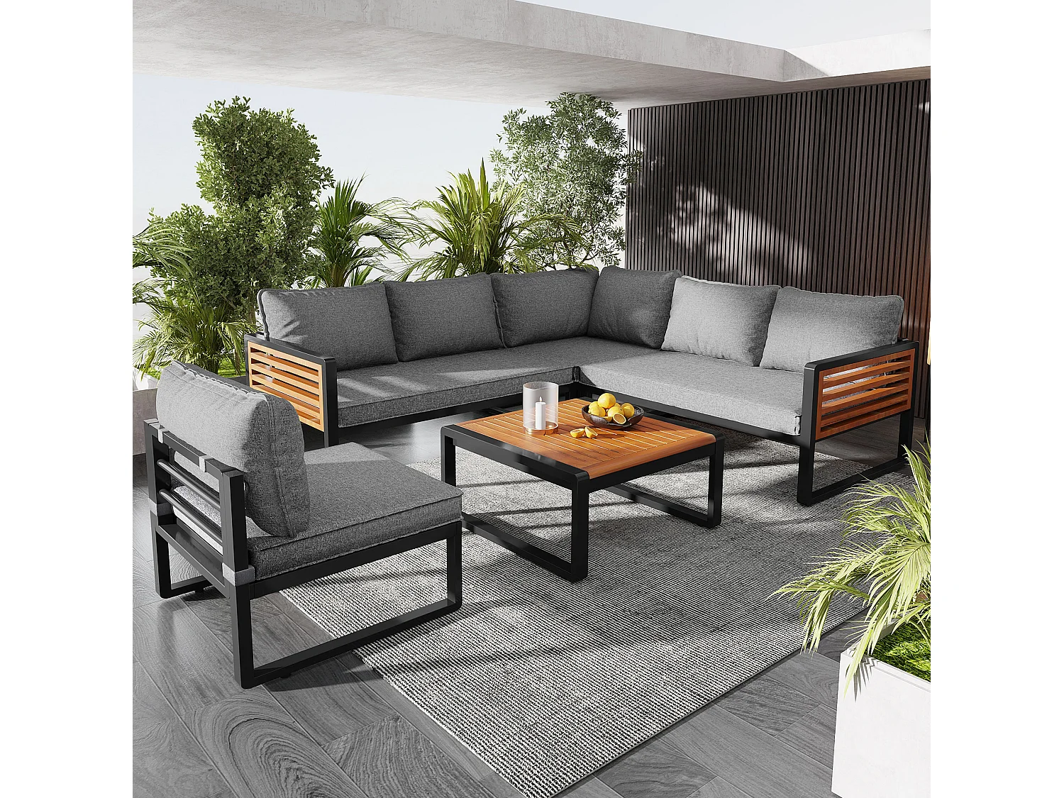 Salotto da giardino per 5-6 persone, struttura in ferro zincato, corrimano decorativi in legno, grigio