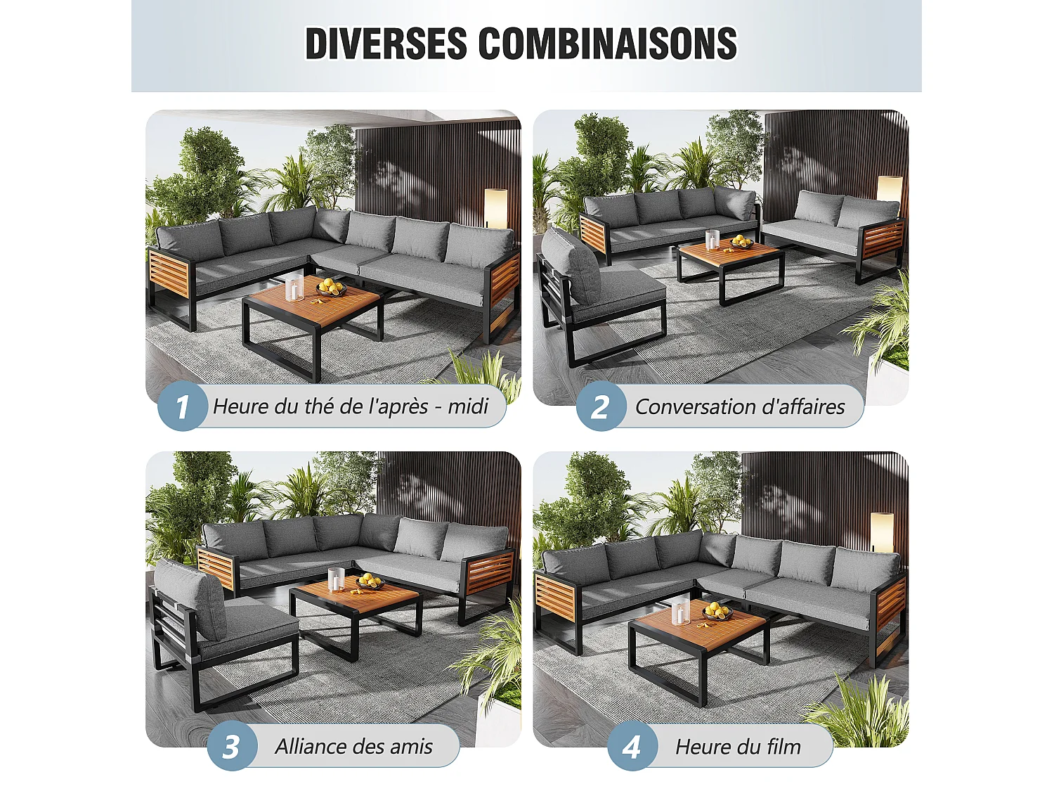 Salotto da giardino per 5-6 persone, struttura in ferro zincato, corrimano decorativi in legno, grigio