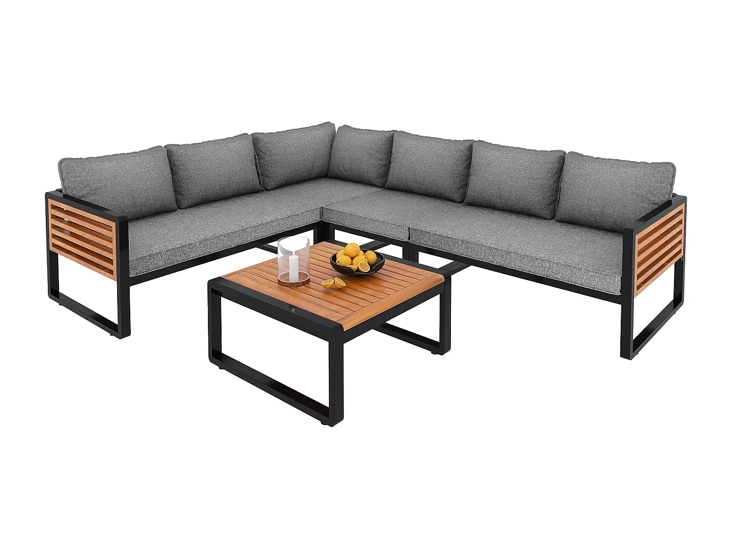 Salotto da giardino per 5-6 persone, struttura in ferro zincato, corrimano decorativi in legno, grigio