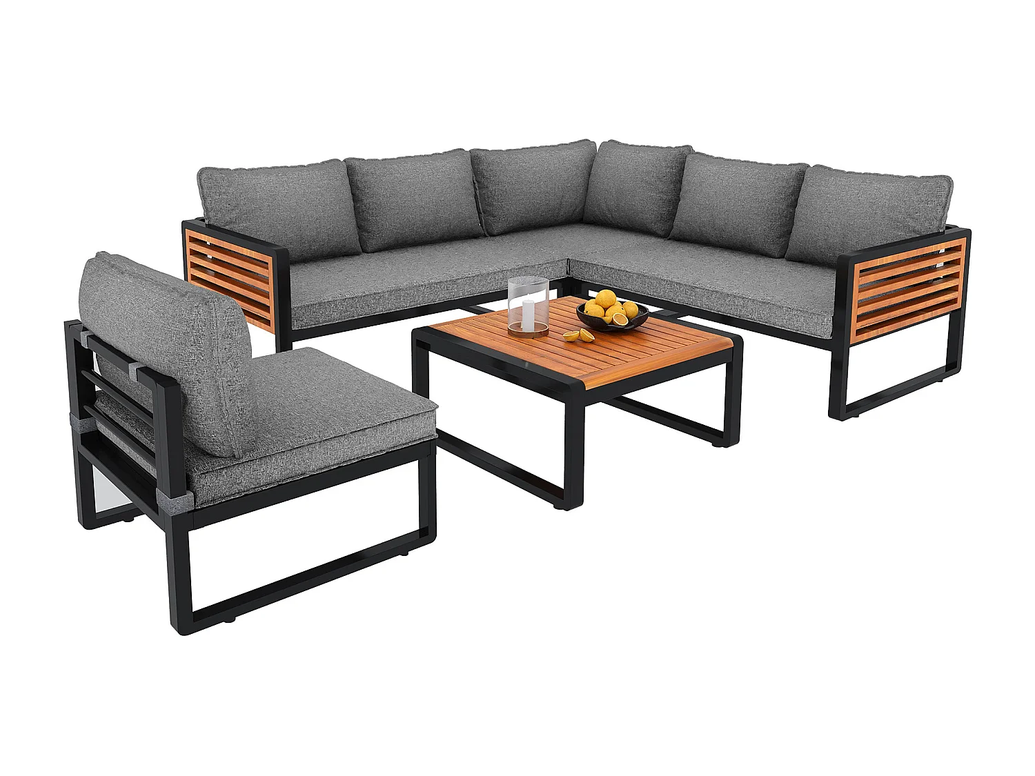 Salotto da giardino per 5-6 persone, struttura in ferro zincato, corrimano decorativi in legno, grigio