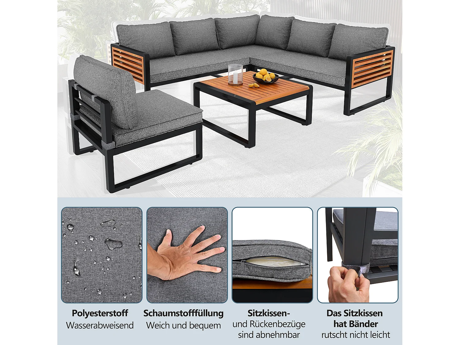 Salotto da giardino per 5-6 persone, struttura in ferro zincato, corrimano decorativi in legno, grigio