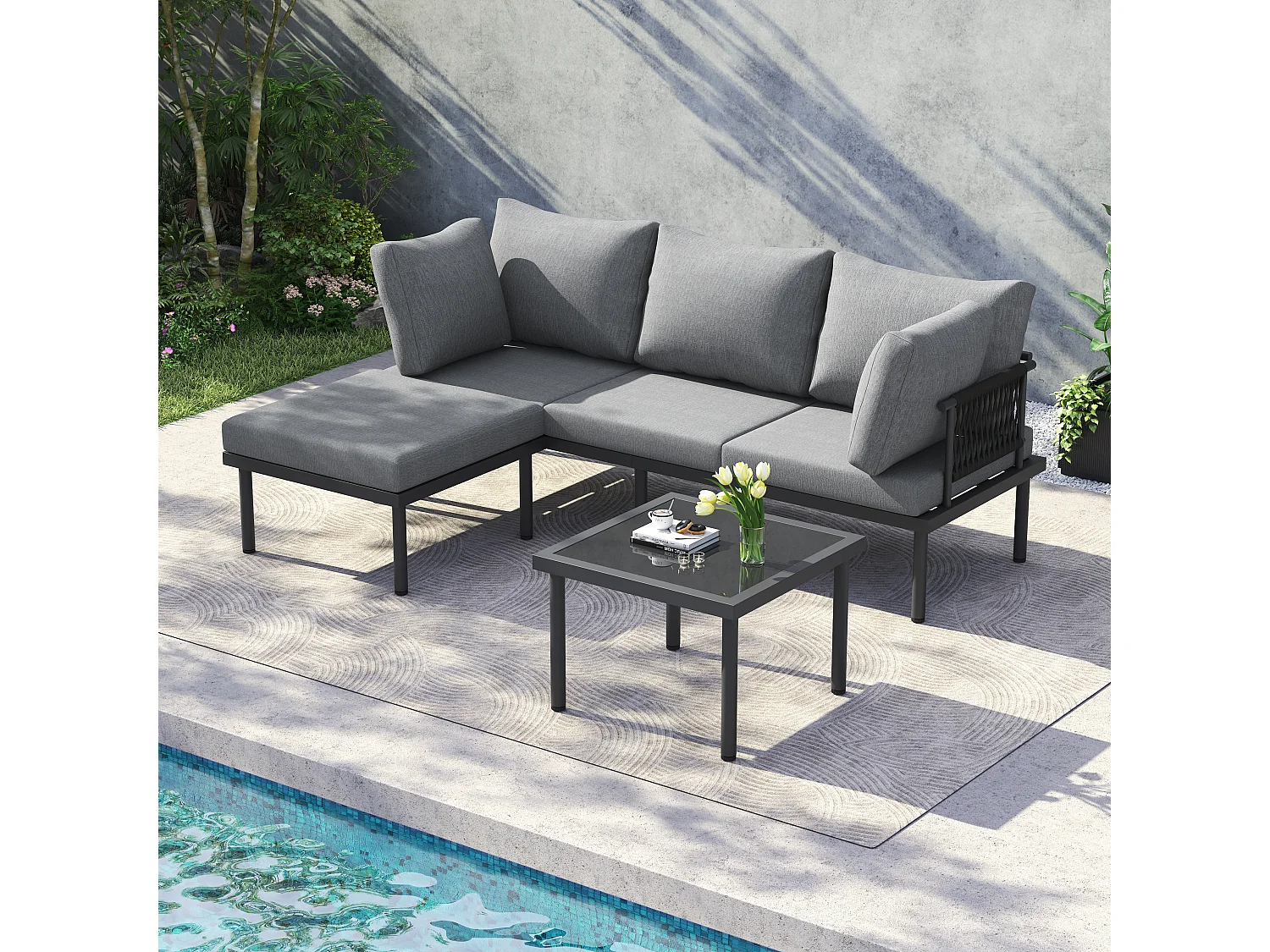 Set di mobili da giardino, divano + tavolino + pouf, tubo in acciaio zincato, piano del tavolo in vetro, grigio + nero