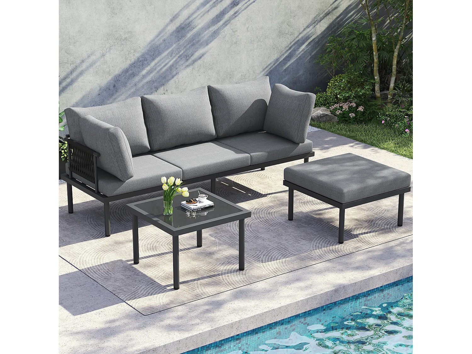 Set di mobili da giardino, divano + tavolino + pouf, tubo in acciaio zincato, piano del tavolo in vetro, grigio + nero