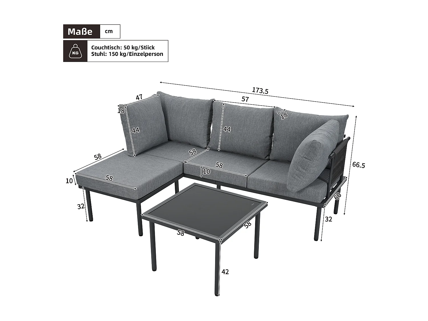 Set di mobili da giardino, divano + tavolino + pouf, tubo in acciaio zincato, piano del tavolo in vetro, grigio + nero