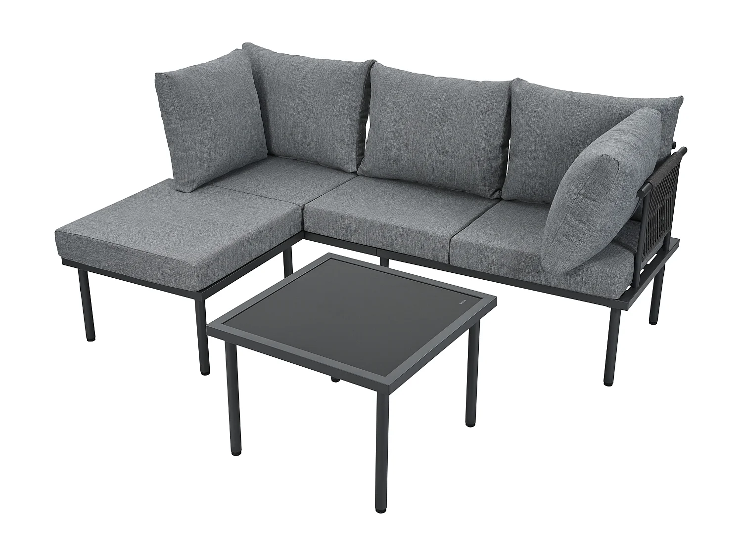 Set di mobili da giardino, divano + tavolino + pouf, tubo in acciaio zincato, piano del tavolo in vetro, grigio + nero