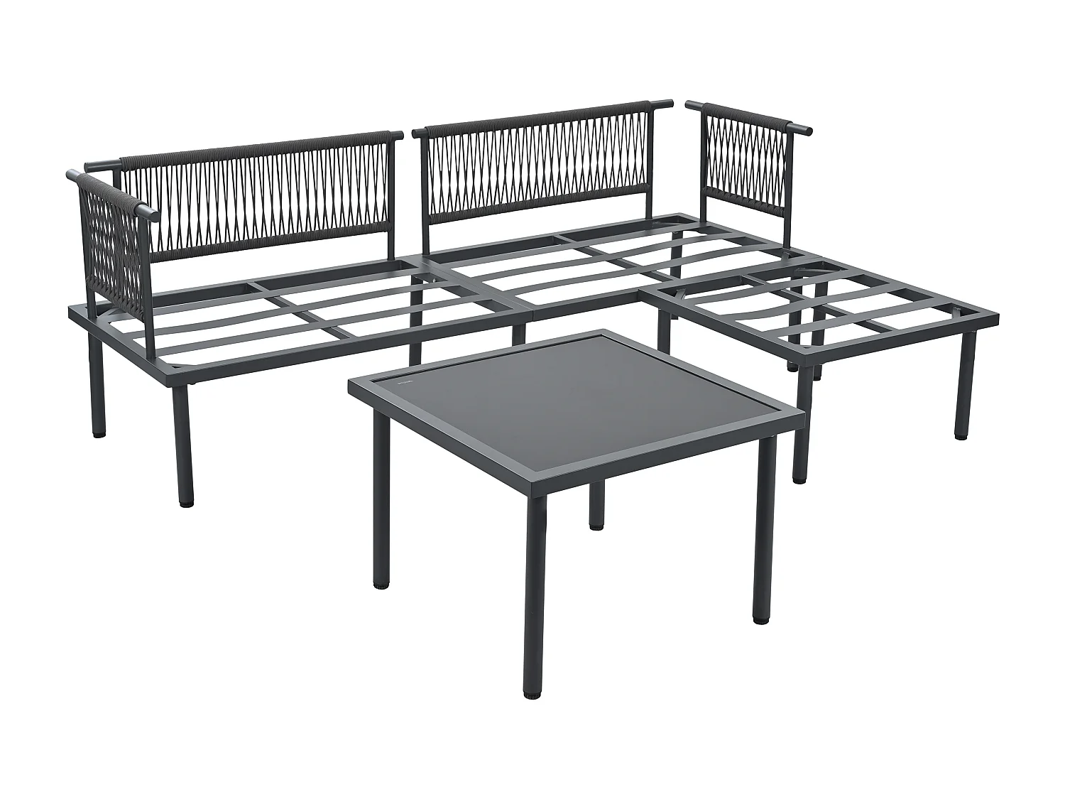 Set di mobili da giardino, divano + tavolino + pouf, tubo in acciaio zincato, piano del tavolo in vetro, grigio + nero