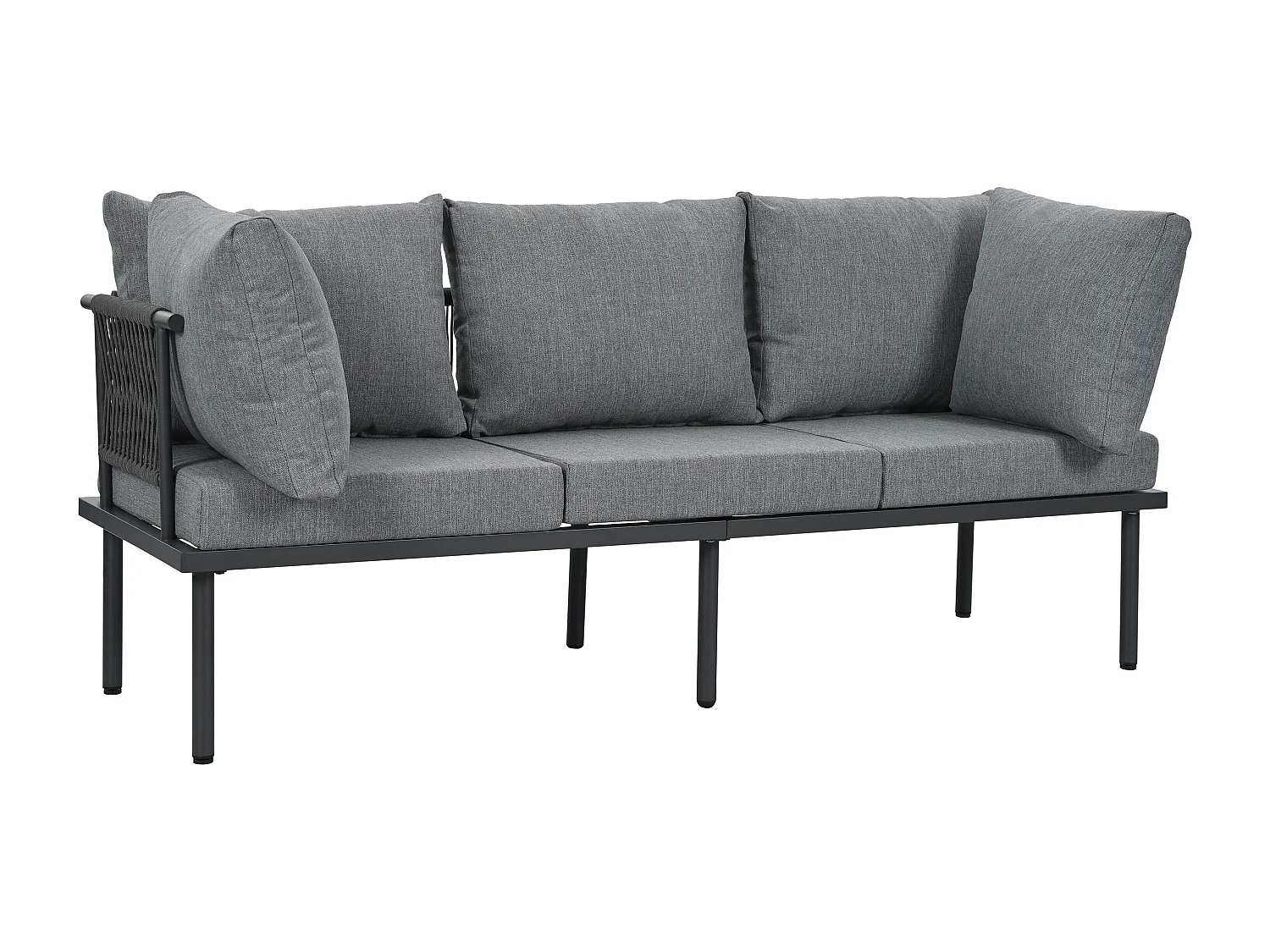 Set di mobili da giardino, divano + tavolino + pouf, tubo in acciaio zincato, piano del tavolo in vetro, grigio + nero