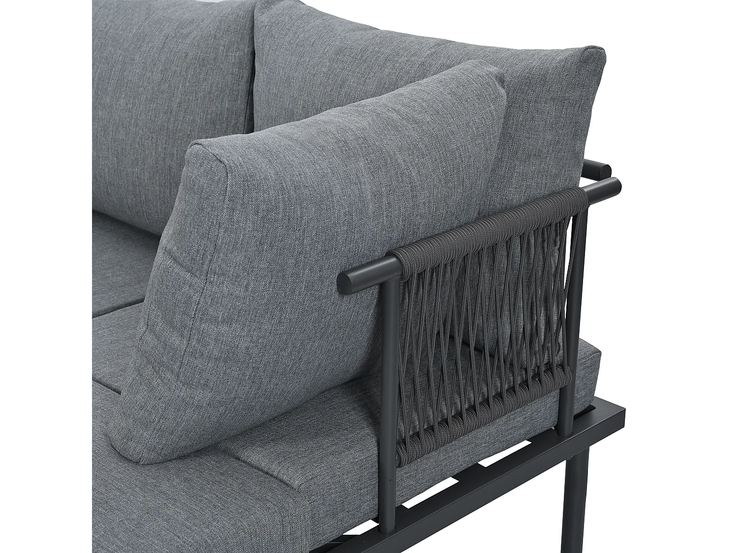 Set di mobili da giardino, divano + tavolino + pouf, tubo in acciaio zincato, piano del tavolo in vetro, grigio + nero