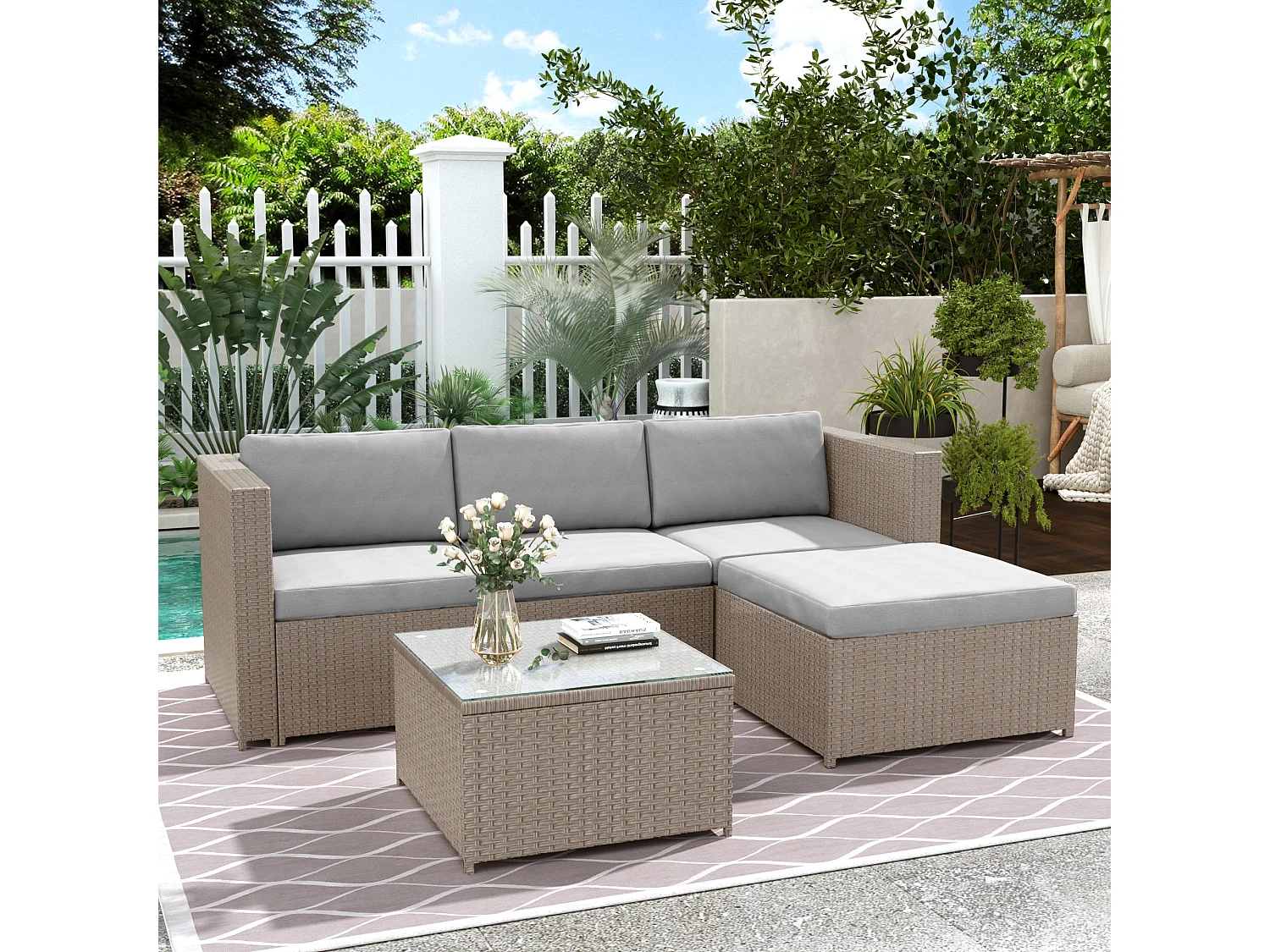 Meubles de jardin décontractés, canapé d'angle, ensemble de canapé avec coussins et coussins, avec table en verre, couleur kaki