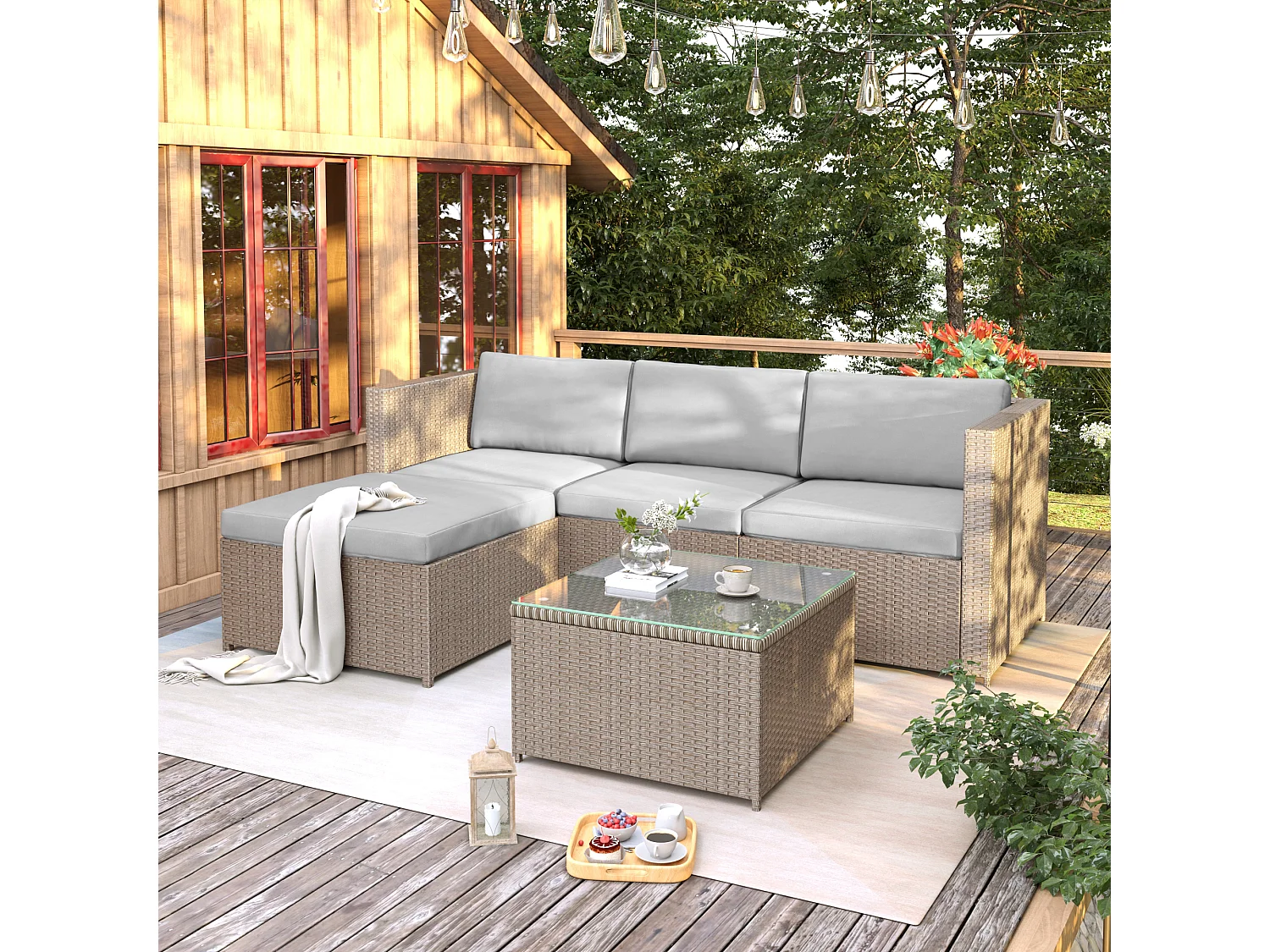 Meubles de jardin décontractés, canapé d'angle, ensemble de canapé avec coussins et coussins, avec table en verre, couleur kaki