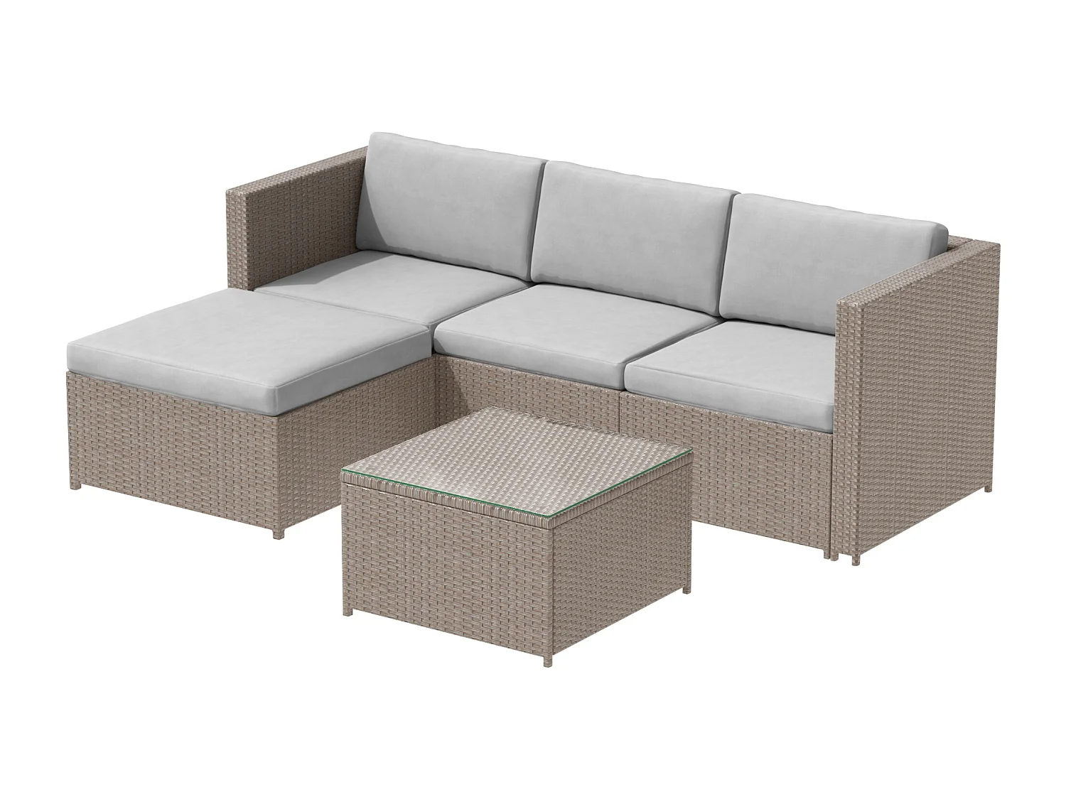 Meubles de jardin décontractés, canapé d'angle, ensemble de canapé avec coussins et coussins, avec table en verre, couleur kaki