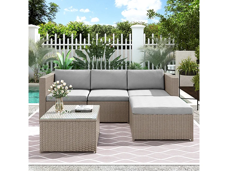 Meubles de jardin décontractés, canapé d'angle, ensemble de canapé avec coussins et coussins, avec table en verre, couleur kaki