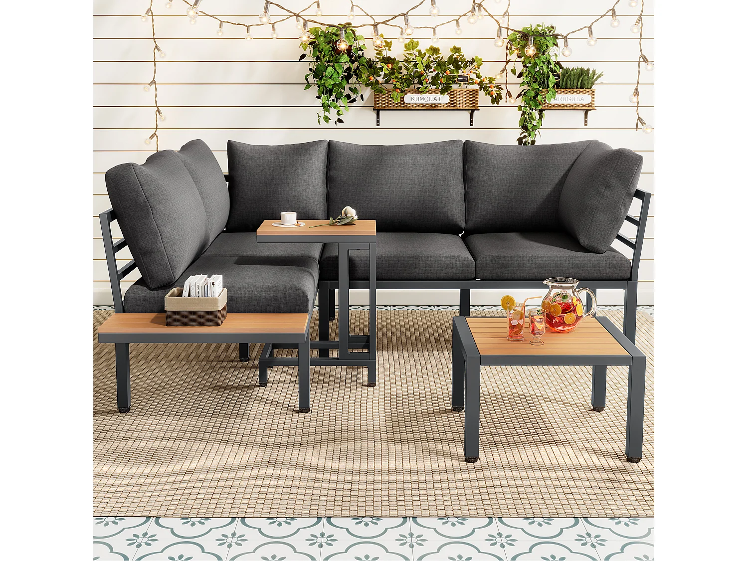 Set di mobili da giardino, divano + tavolino + tavolino, piano in legno plastico, grigio + nero