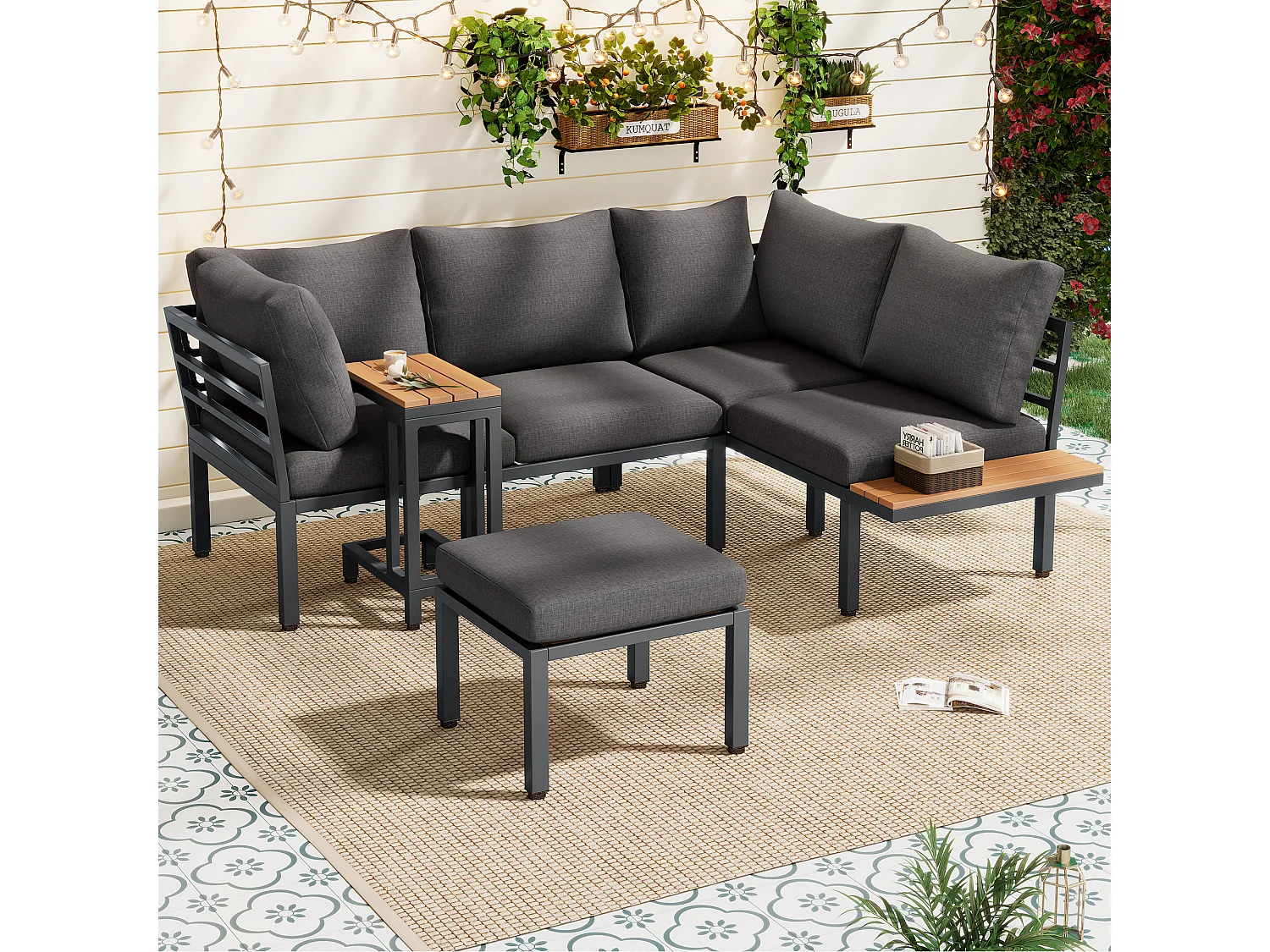 Set di mobili da giardino, divano + tavolino + tavolino, piano in legno plastico, grigio + nero