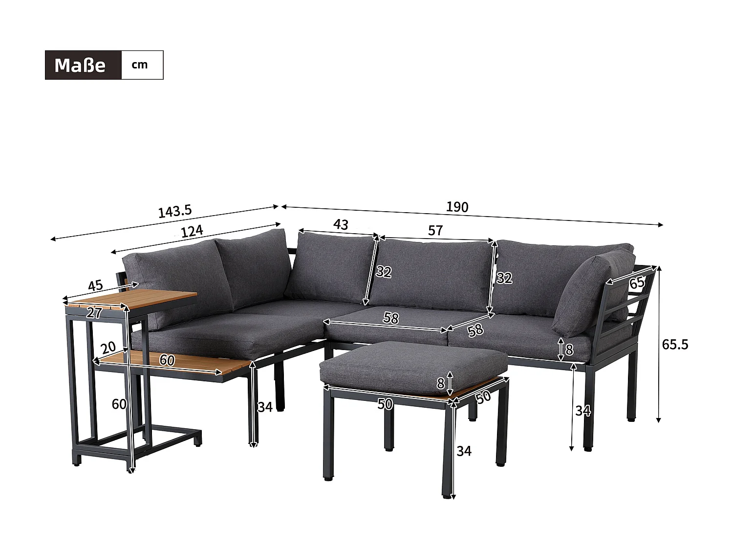 Set di mobili da giardino, divano + tavolino + tavolino, piano in legno plastico, grigio + nero