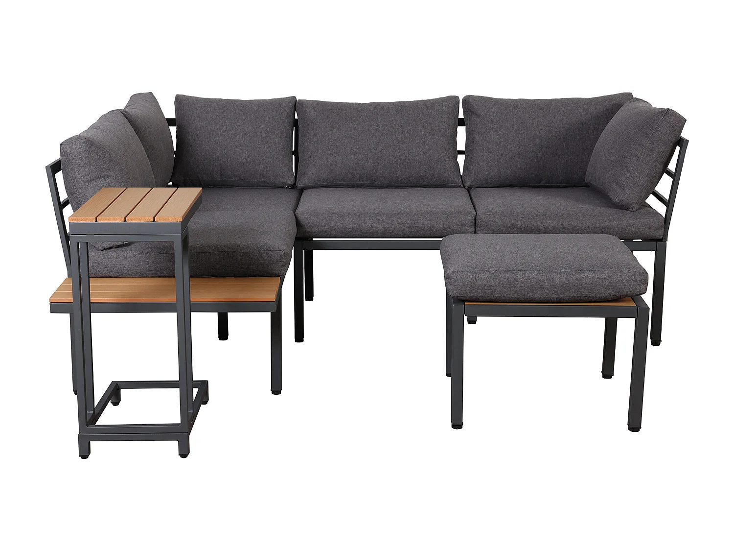 Set di mobili da giardino, divano + tavolino + tavolino, piano in legno plastico, grigio + nero