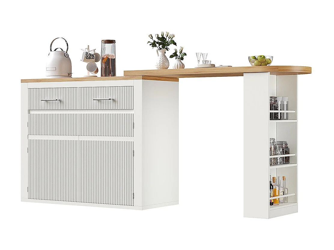 Ausziehbarer Bartisch mit Stauraum, modern, mobil, ausziehbarer Bartisch mit einer Schublade und zwei Regalen, weiß