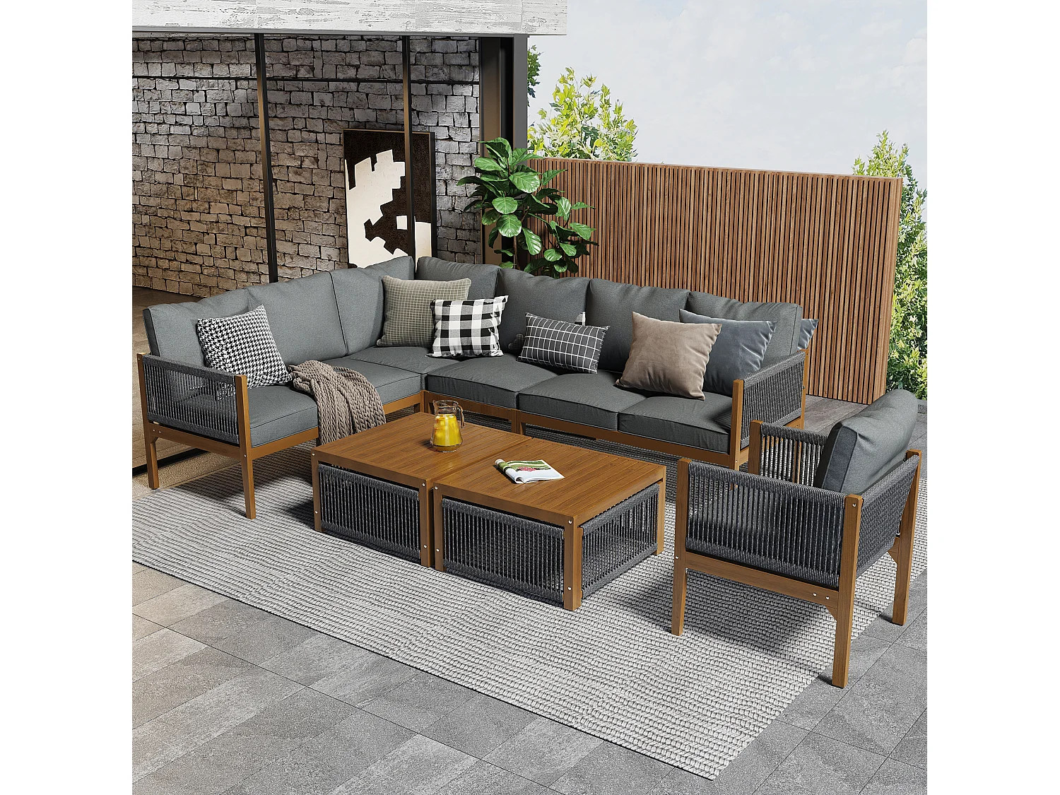 Salon de jardin pour 7-8 personnes, déhoussable et recouvert de tissu, naturel et gris