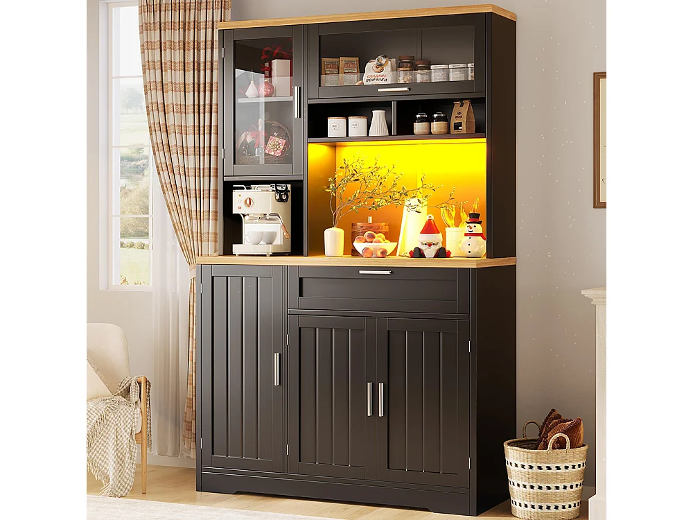 Küchenschrank, Oberschrank/Vitrine mit LED-Beleuchtung, 104x40x180 cm, schwarz