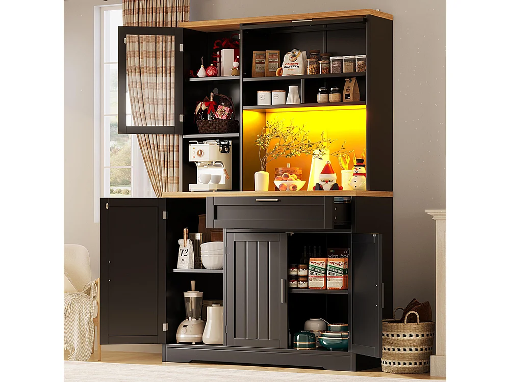 Küchenschrank, Oberschrank/Vitrine mit LED-Beleuchtung, 104x40x180 cm, schwarz