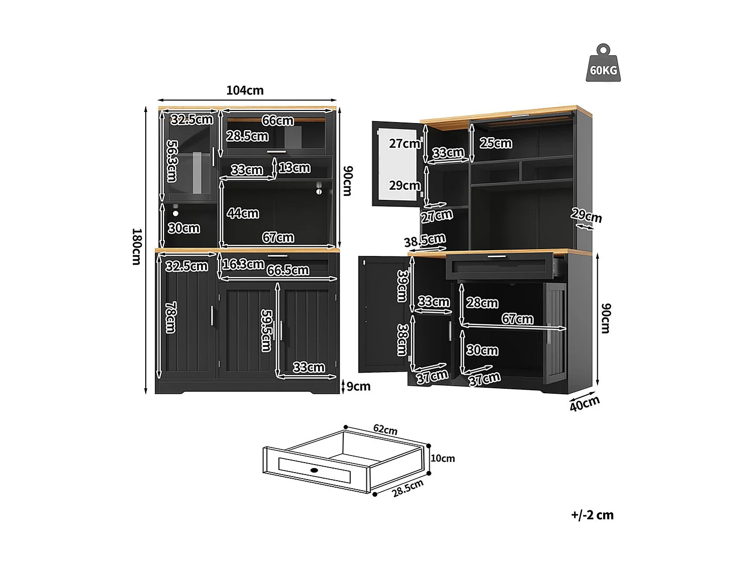 Küchenschrank, Oberschrank/Vitrine mit LED-Beleuchtung, 104x40x180 cm, schwarz