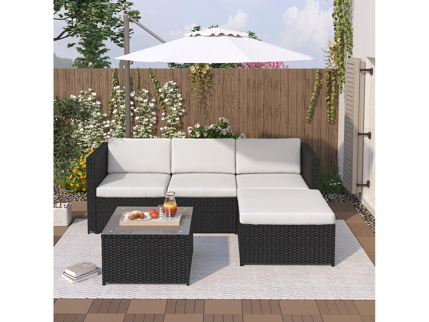 Meubles de jardin décontractés, canapé d'angle, ensemble de canapé avec coussins et coussins, avec table en verre, noir