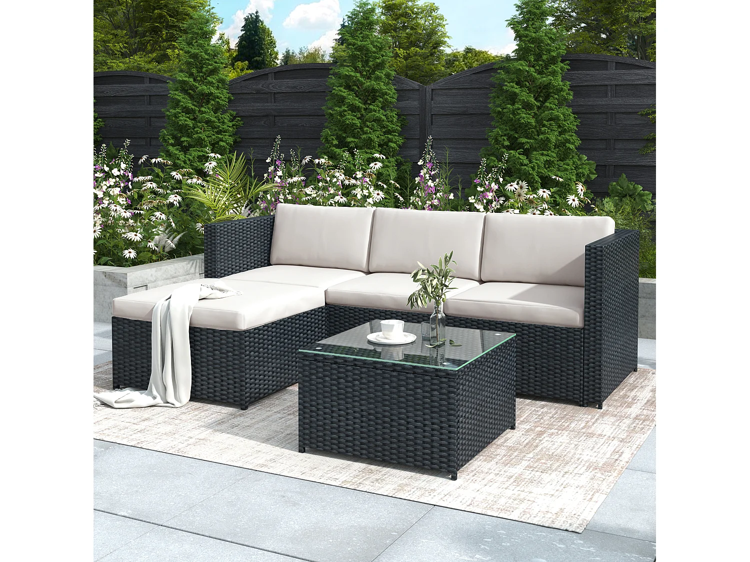 Meubles de jardin décontractés, canapé d'angle, ensemble de canapé avec coussins et coussins, avec table en verre, noir